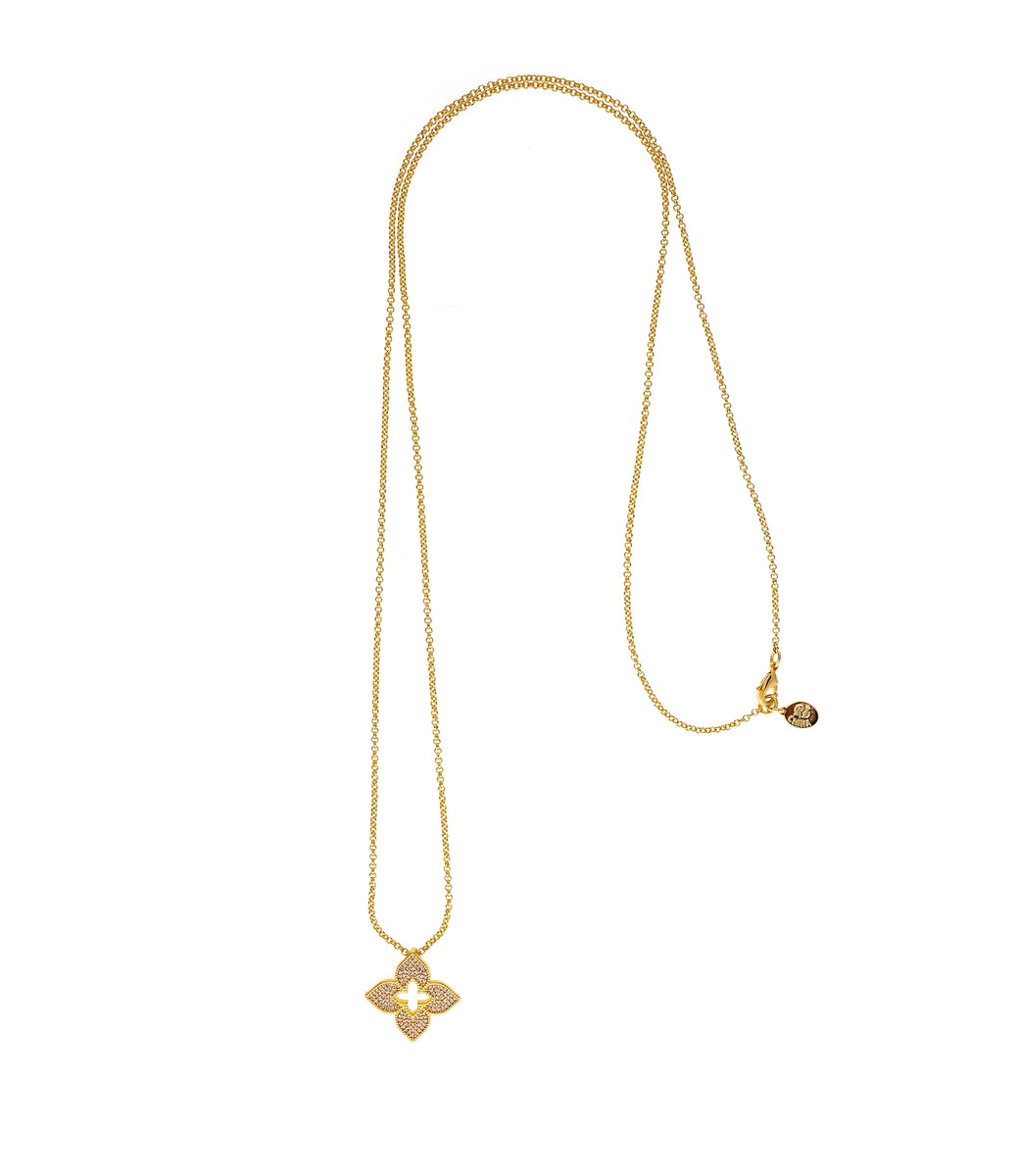 CZ Quatrefoil Pendant on Long Chain – Rivka Friedman Jewelry