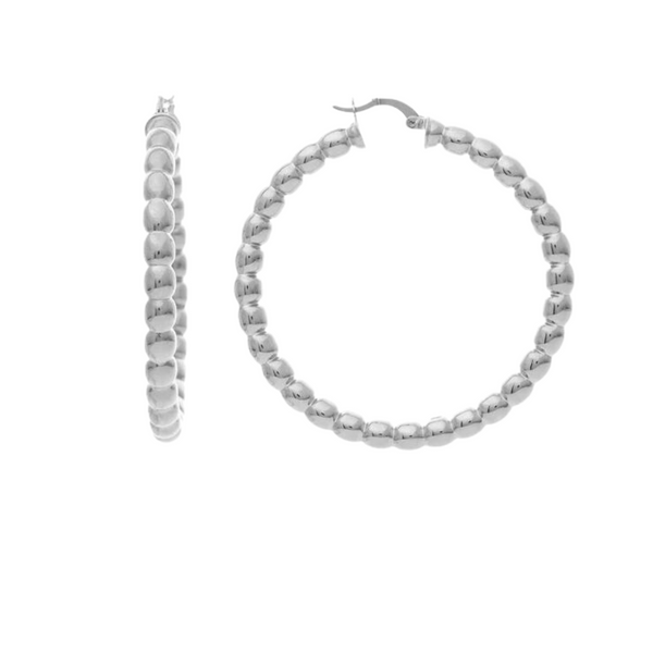 Rhodium Satin Beaded Hoop Earrings