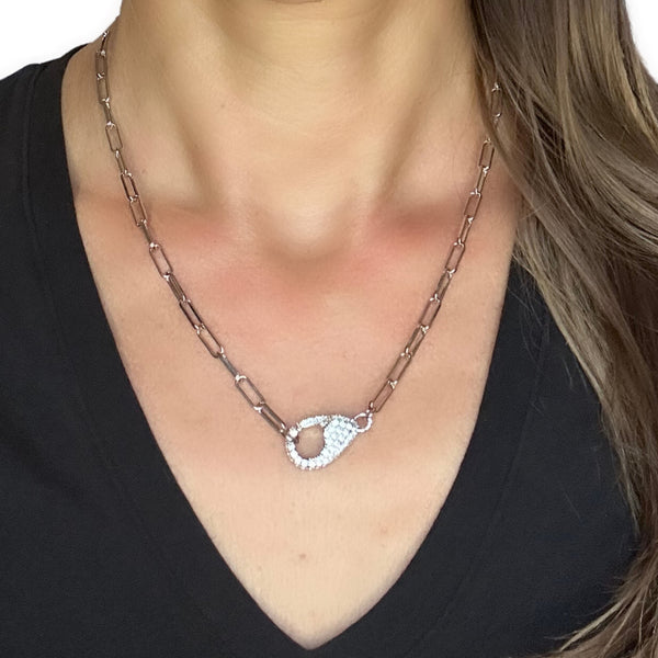 White Rhodium Pave Cubic Zirconia Lobster Clasp Necklace on Paper Clip Chain