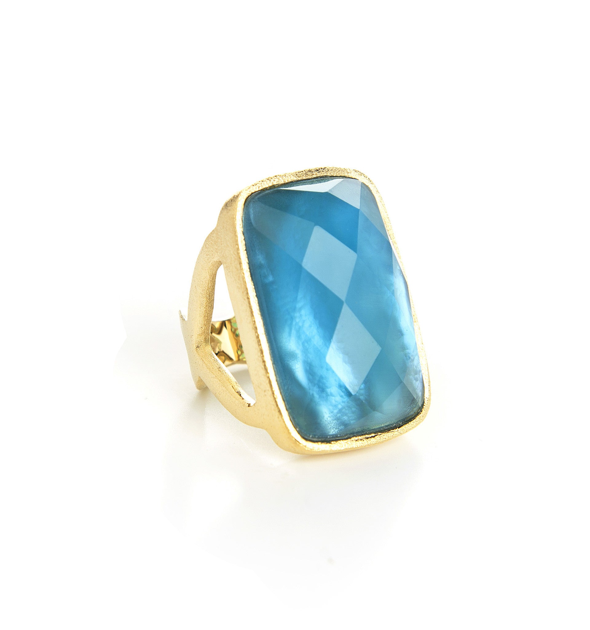 London Blue Over Mother Of Pearl Doublet Bold Rectangular Open Shank Cocktail Ring - Closeout
