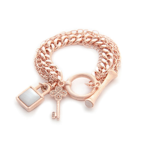Multi Chain Rose Gold Gem Stone Charm Toggle Bracelet - Closeout