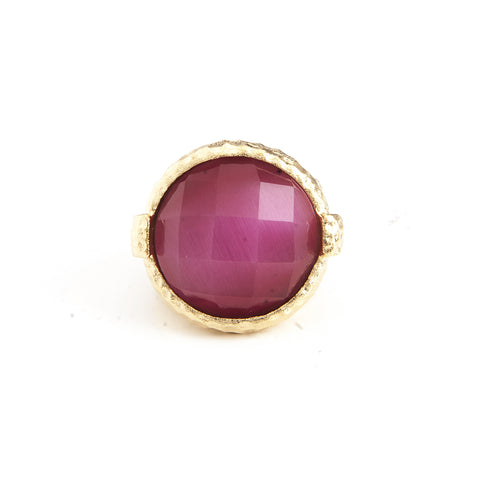 Raspberry Cat's Eye Round Hammered Satin Cocktail Ring - Closeout