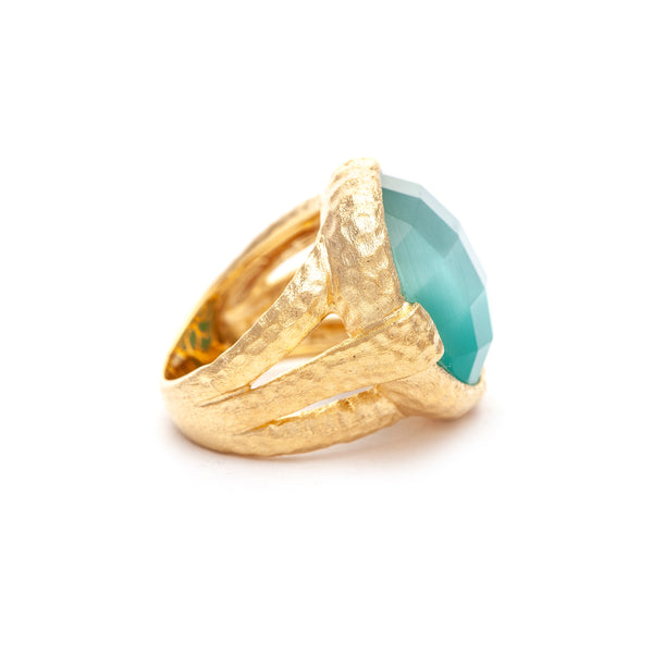 Aqua Cat's Eye Crystal Round Hammered Satin Cocktail Ring - Closeout