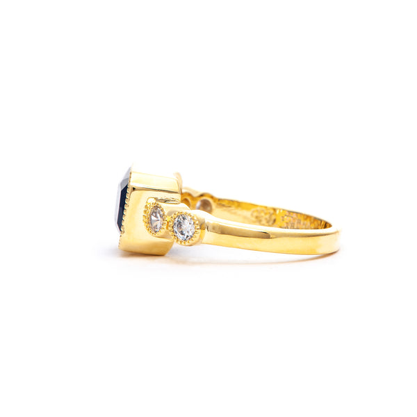 Cat's Eye Navy Crystal Rectangular Bezel + Cubic Zirconia Ring