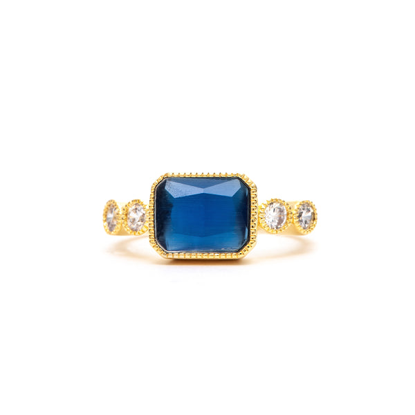 Cat's Eye Navy Crystal Rectangular Bezel + Cubic Zirconia Ring