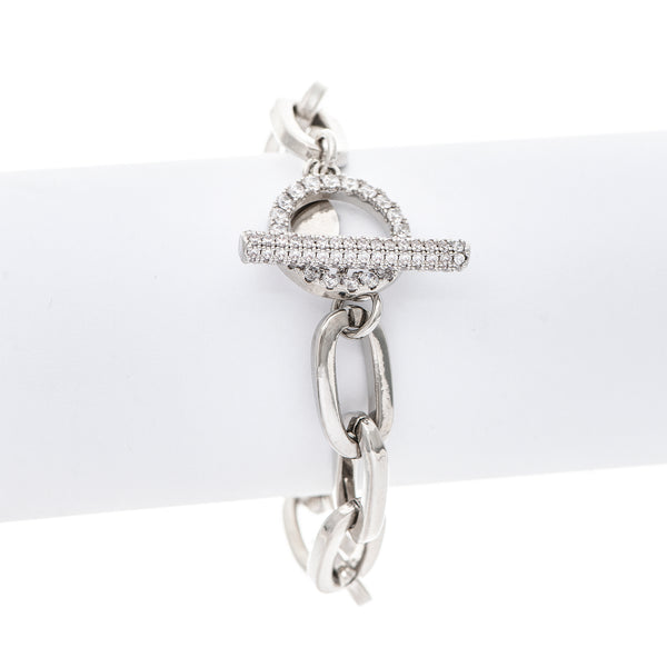 Rhodium Paperclip Pave Cubic Zirconia Toggle Polished Bracelet - Size Small