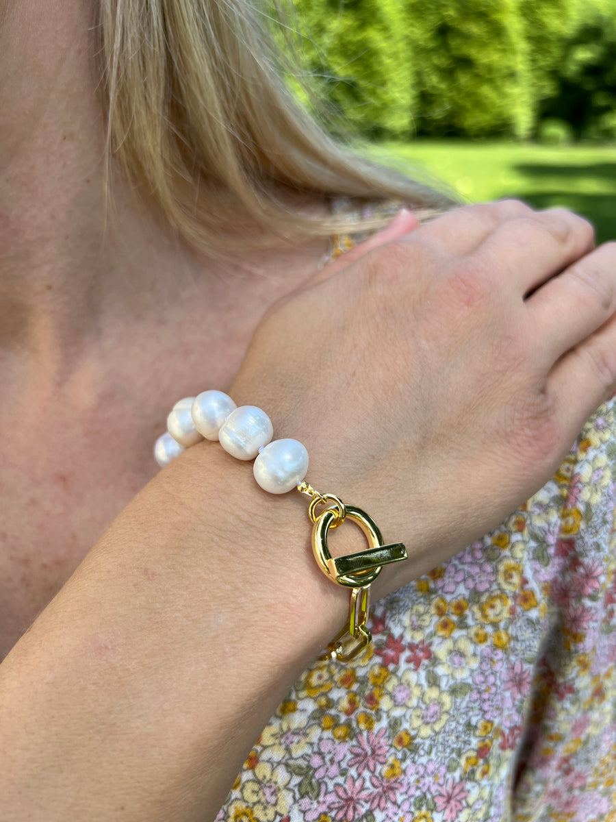 Natural Pearl + Bead Toggle Bracelet