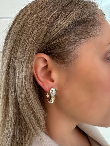 Cubic Zirconia Encrusted Snake with Emerald Crystal Eyes Earrings