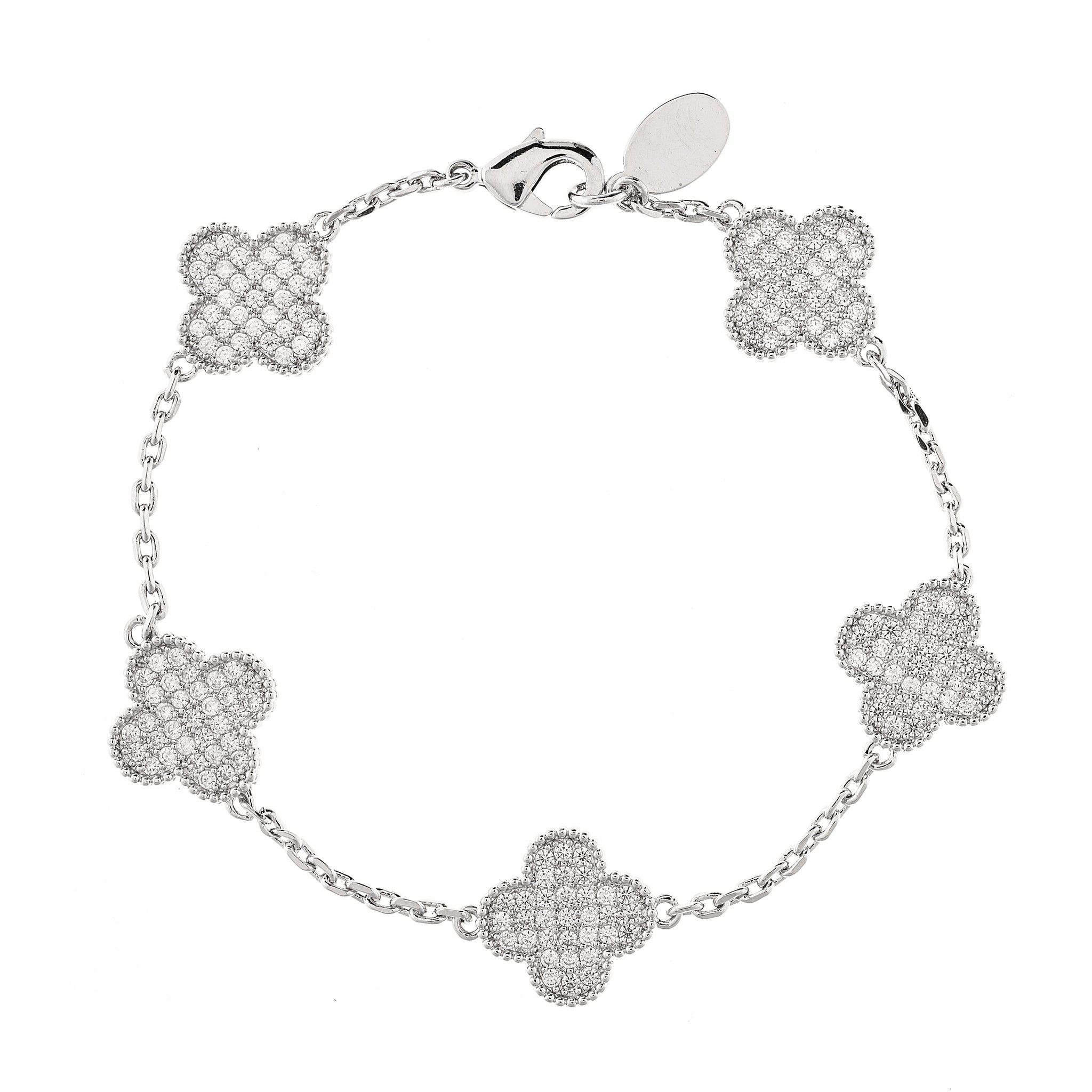 Rhodium Pavé Flower Station Bracelet