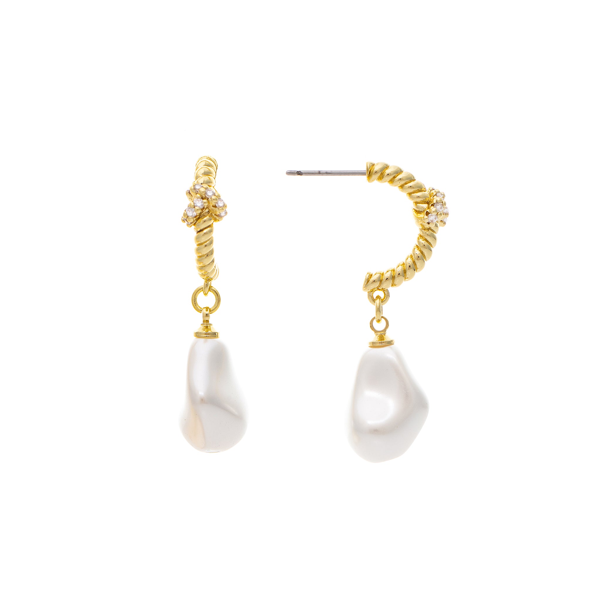 Cubic Zirconia Twisted Hoop Earring with Pearl Drop