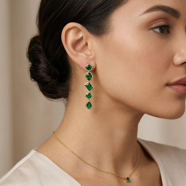 Emerald Bezel Set CZ Line Drop Earrings