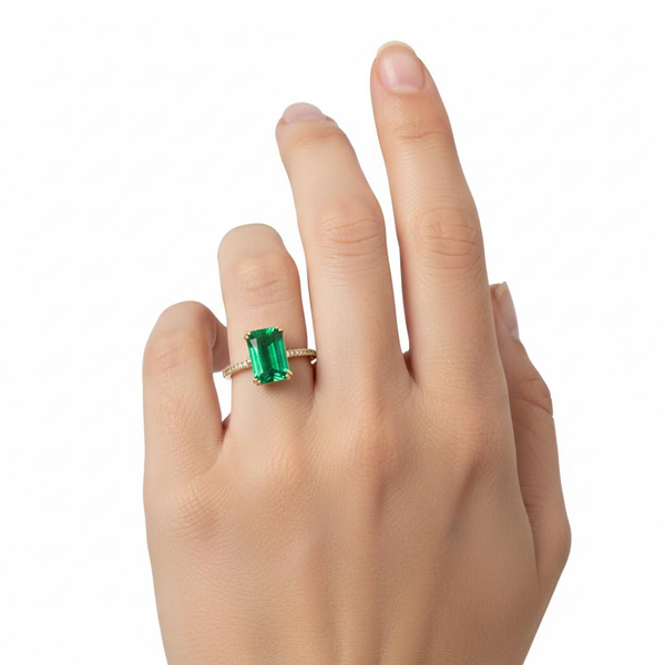 Emerald CZ Solitaire Ring with Pavé Band