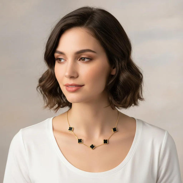 Onyx Flower 5 Station Necklace