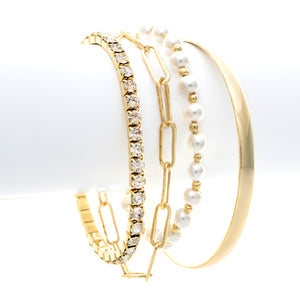 Mixed Gold, Pearl + CZ Bracelet Set