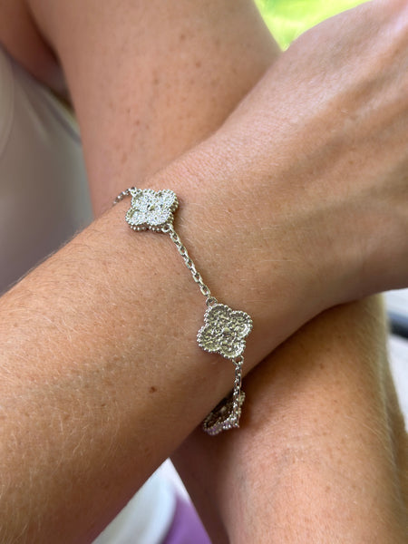 Polished Rhodium Clover Station Bracelet