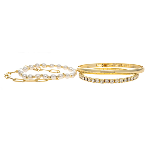 Mixed Gold, Pearl + CZ Bracelet Set