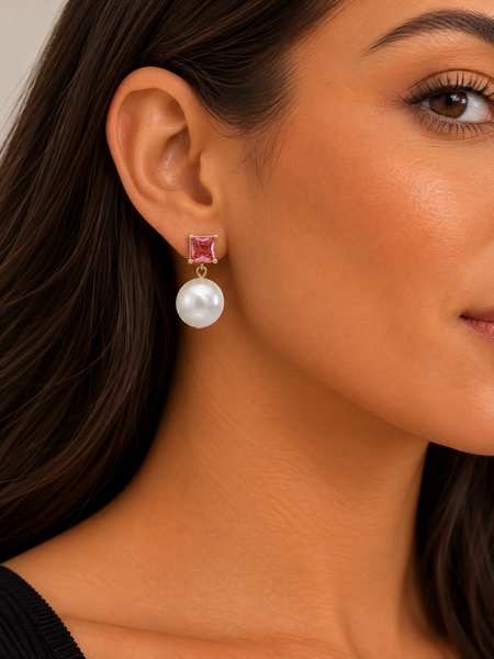 Pink CZ Stud Top with Oval Pearl Drop