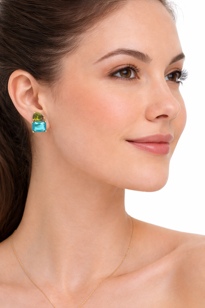 Pear + Princess Apple Green and Blue CZ Stud Earring