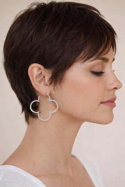 Rhodium Polished Flower Hoop Earrings