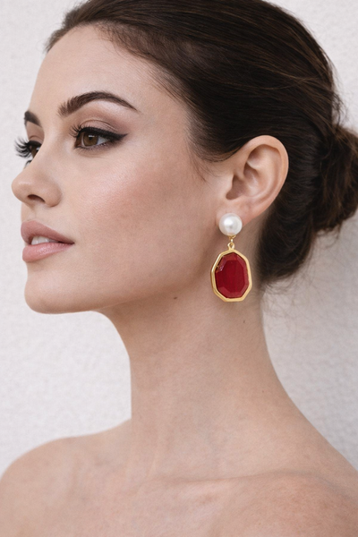 Pearl + Carnelian Geometric Drop Earrings