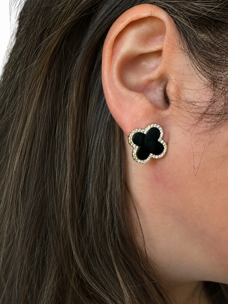 Onyx + Cubic Zirconia Flower Stud Earrings