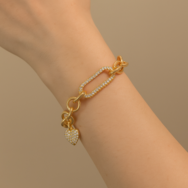 Paperclip Link CZ Encrusted Heart Charm Bracelet