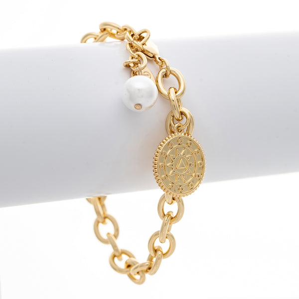 Charm Rolo Bracelet with Pearl and Medallion Disc Detail