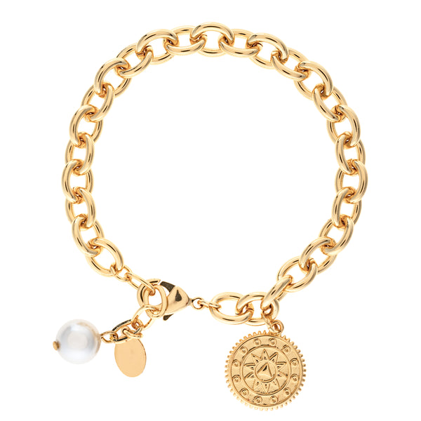 Charm Rolo Bracelet with Pearl and Medallion Disc Detail