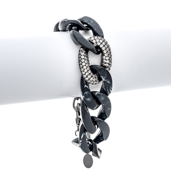 Black Acrylic Chunky Link Bracelet with Pavé CZ Accent
