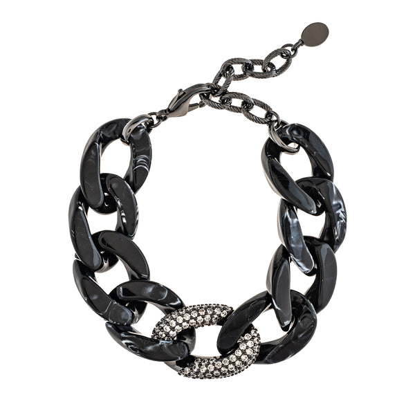 Black Acrylic Chunky Link Bracelet with Pavé CZ Accent
