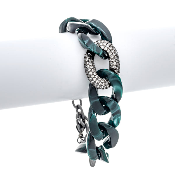 Green Acrylic Chunky Link Bracelet with Pavé CZ Accent