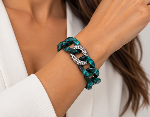 Green Acrylic Chunky Link Bracelet with Pavé CZ Accent
