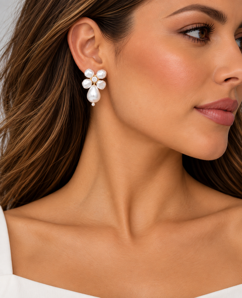 Pearl Flower Drop Statement Earring with CZ Center
