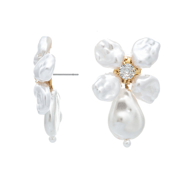 Pearl Flower Drop Statement Earring with CZ Center