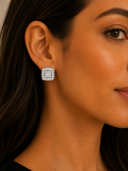 Rhodium CZ Encrusted Square Stud Earrings