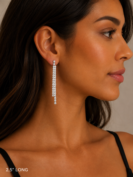 Rhodium CZ Linear Drop Earrings