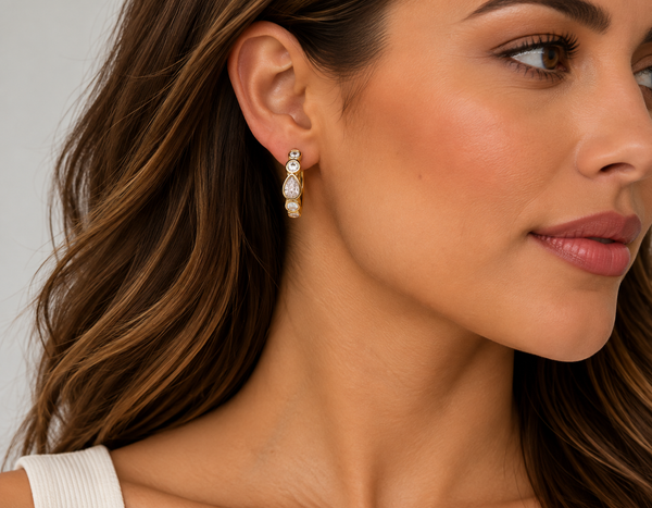 Bezel Set Pear and Round CZ Hoop Earrings