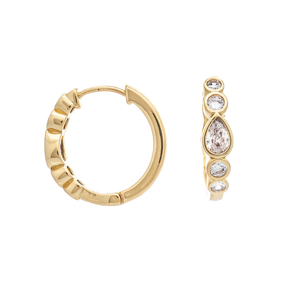 Bezel Set Pear and Round CZ Hoop Earrings