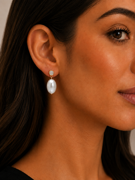 Pearl Drop Earrings with CZ Stud Top