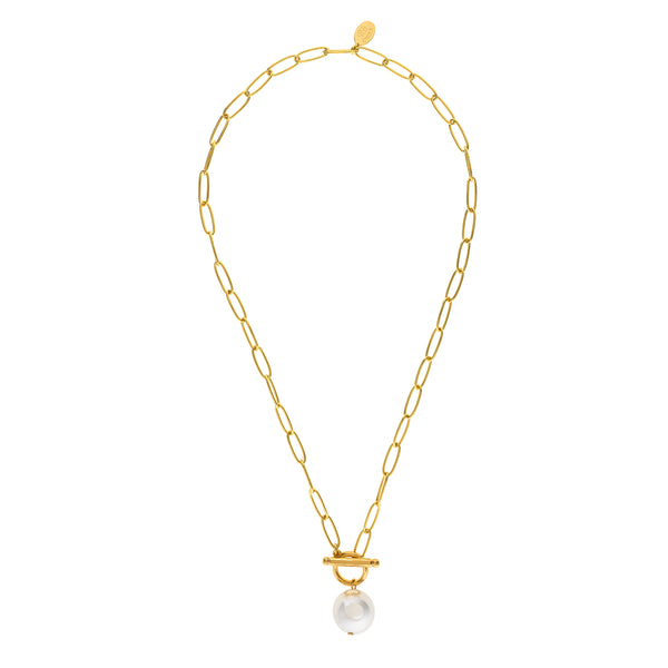 Paper Clip Chain Necklace with Pearl Toggle Drop