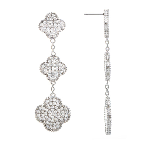 Rhodium Pave Triple Clover Dangle Earrings