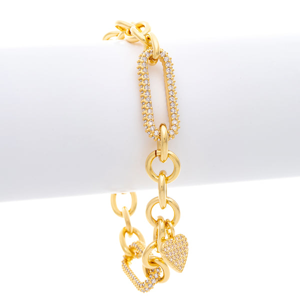 Paperclip Link CZ Encrusted Heart Charm Bracelet