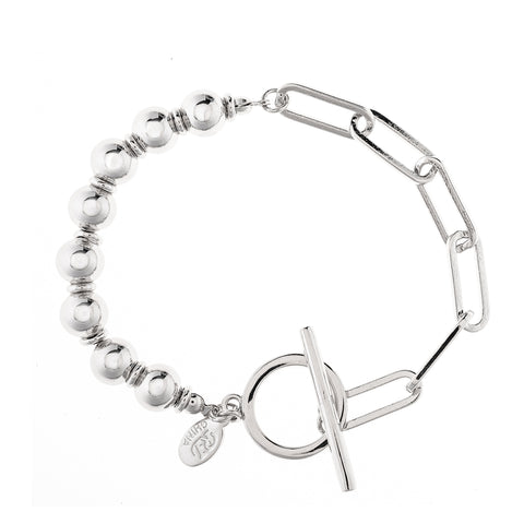 Rhodium Half Bead + Half Paperclip Chain Toggle Bracelet