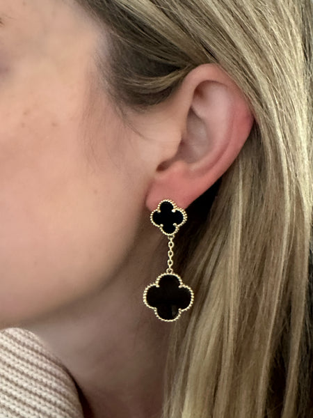 Onyx Double Clover Drop Earrings