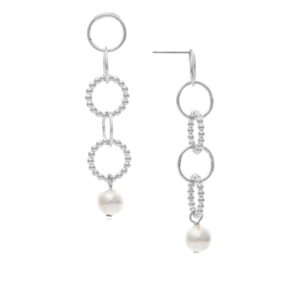 Rhodium Circle Link and Synthetic Pearl Drop Earrings