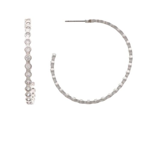 White Rhodium Bezel Hoop Earrings 1.5"