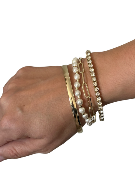 Mixed Gold, Pearl + CZ Bracelet Set