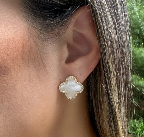 Mother of Pearl + Cubic Zirconia Clover Stud Earrings