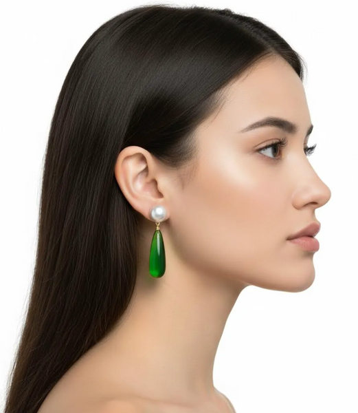 Pearl + Green Elongated Teardrop Drop Earring