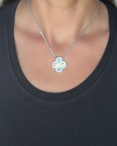 Rhodium Satin and CZ Flower Pendant